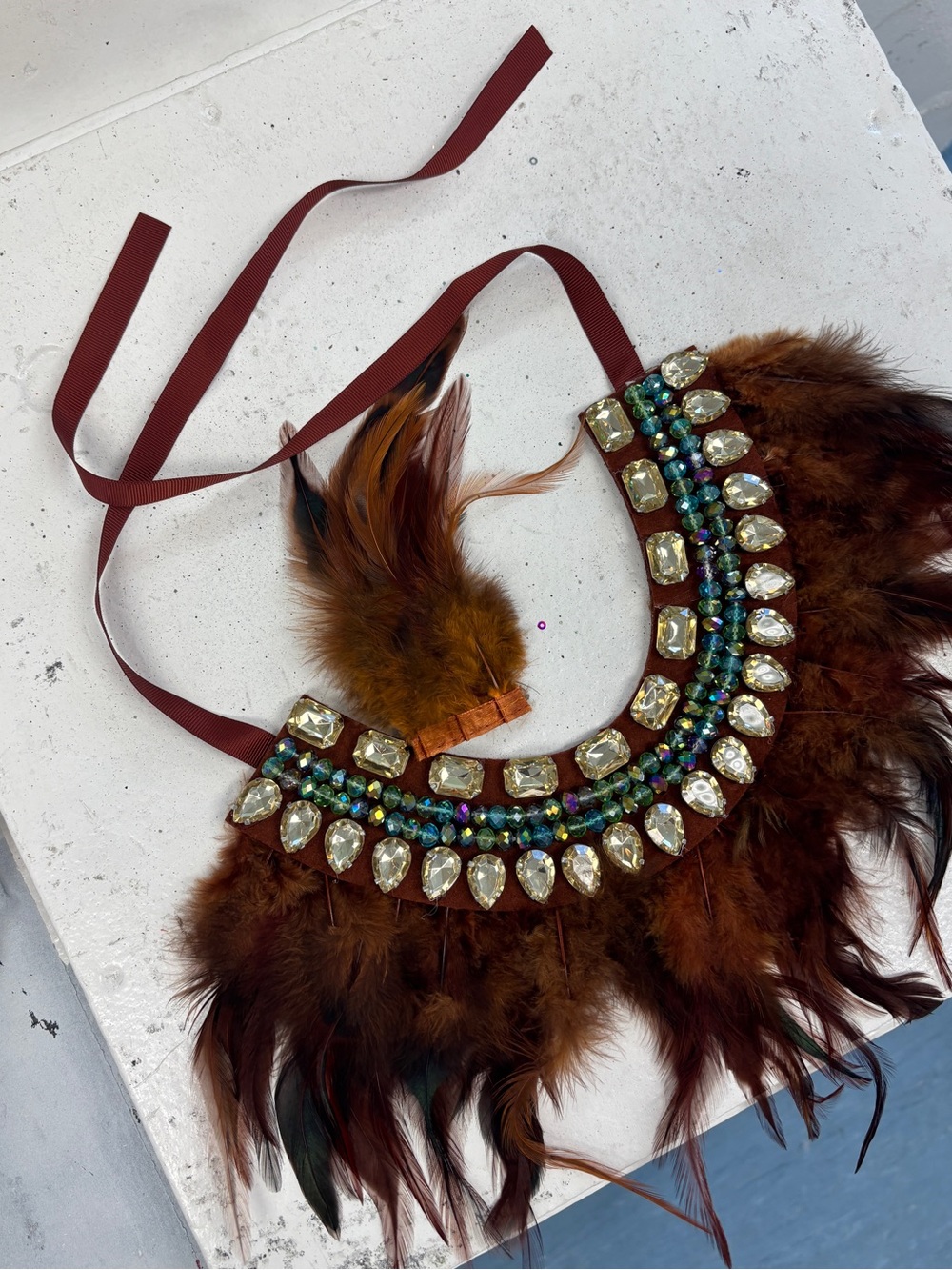 Statement Feather Necklace with Brown Feathers and Crystals + Feather Hair Clip